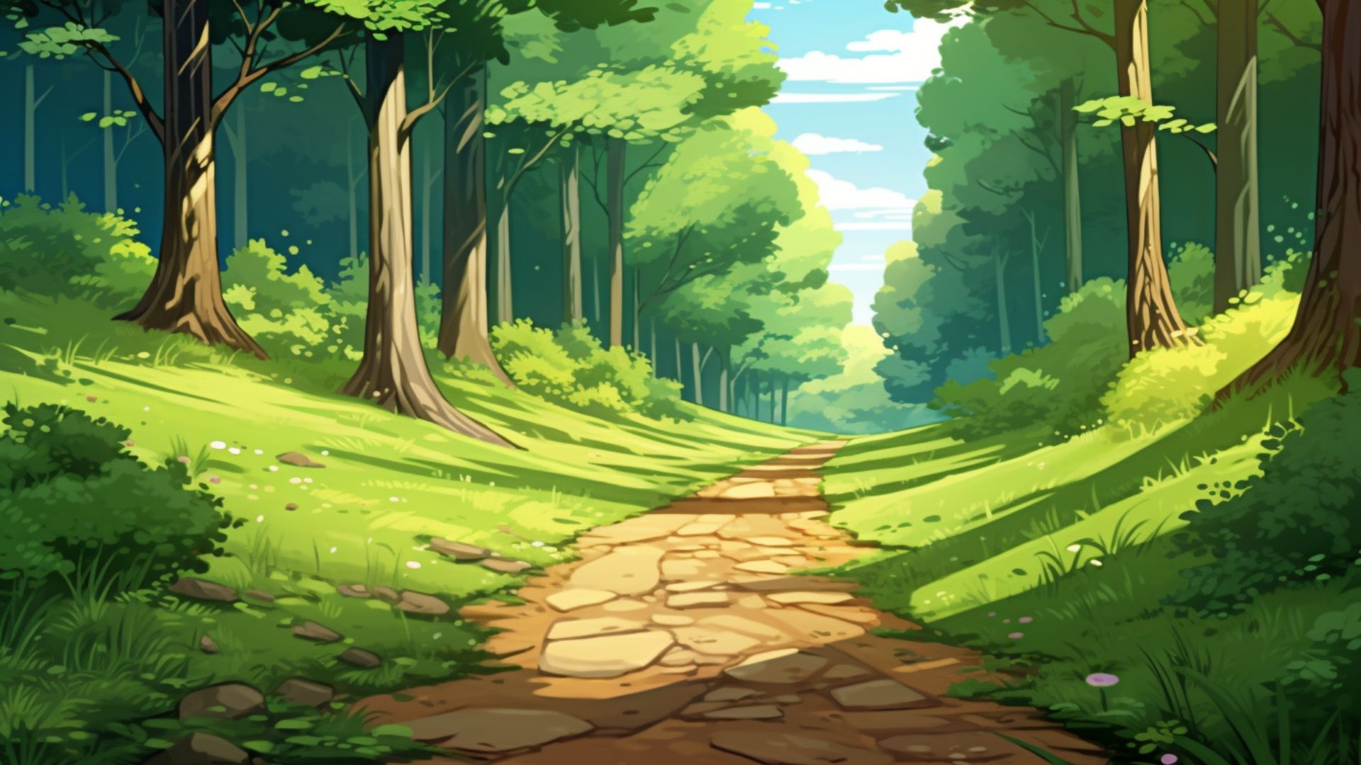 自然 山道|木漏れ日の森の小道の背景イラスト