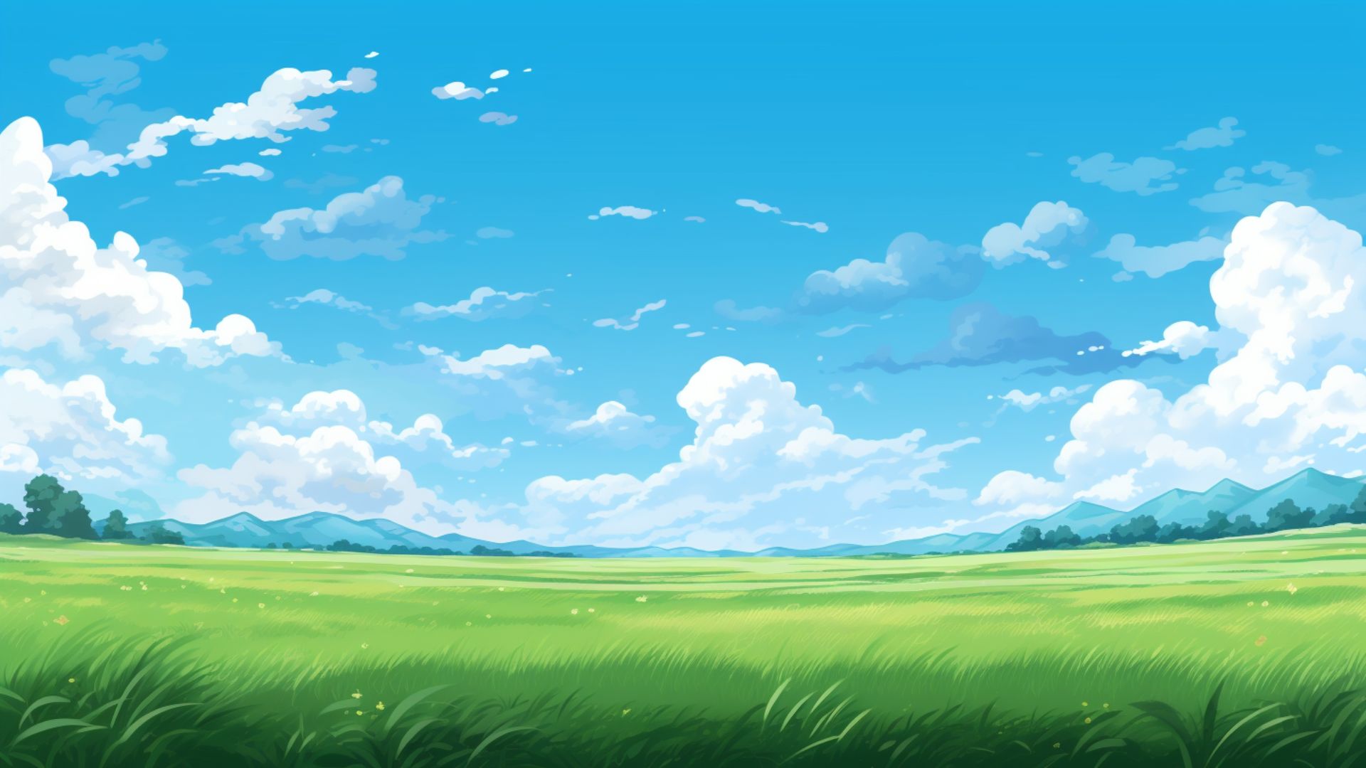 自然 草原|青空と緑の草原の背景イラスト