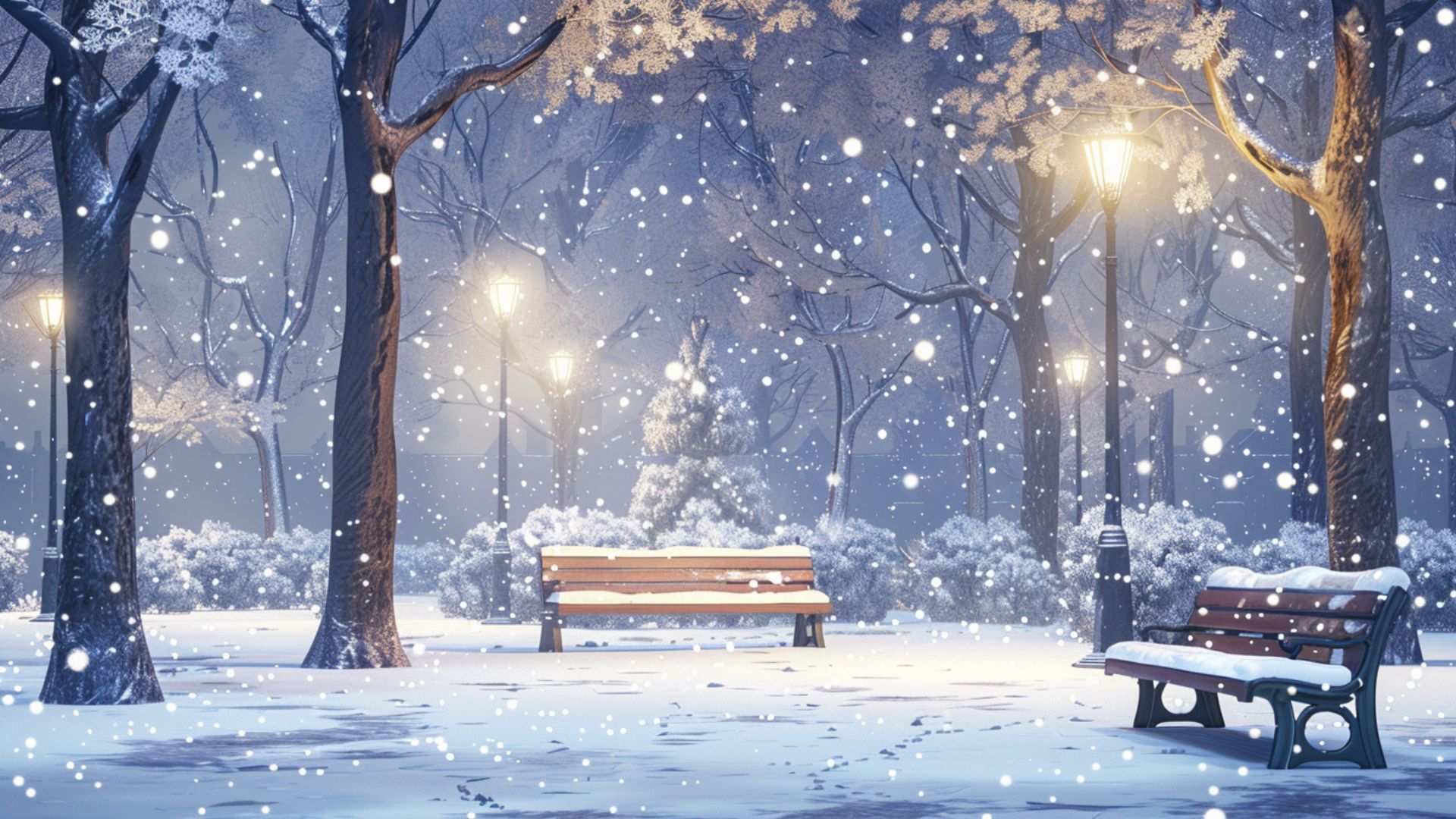 雪の公園とベンチ